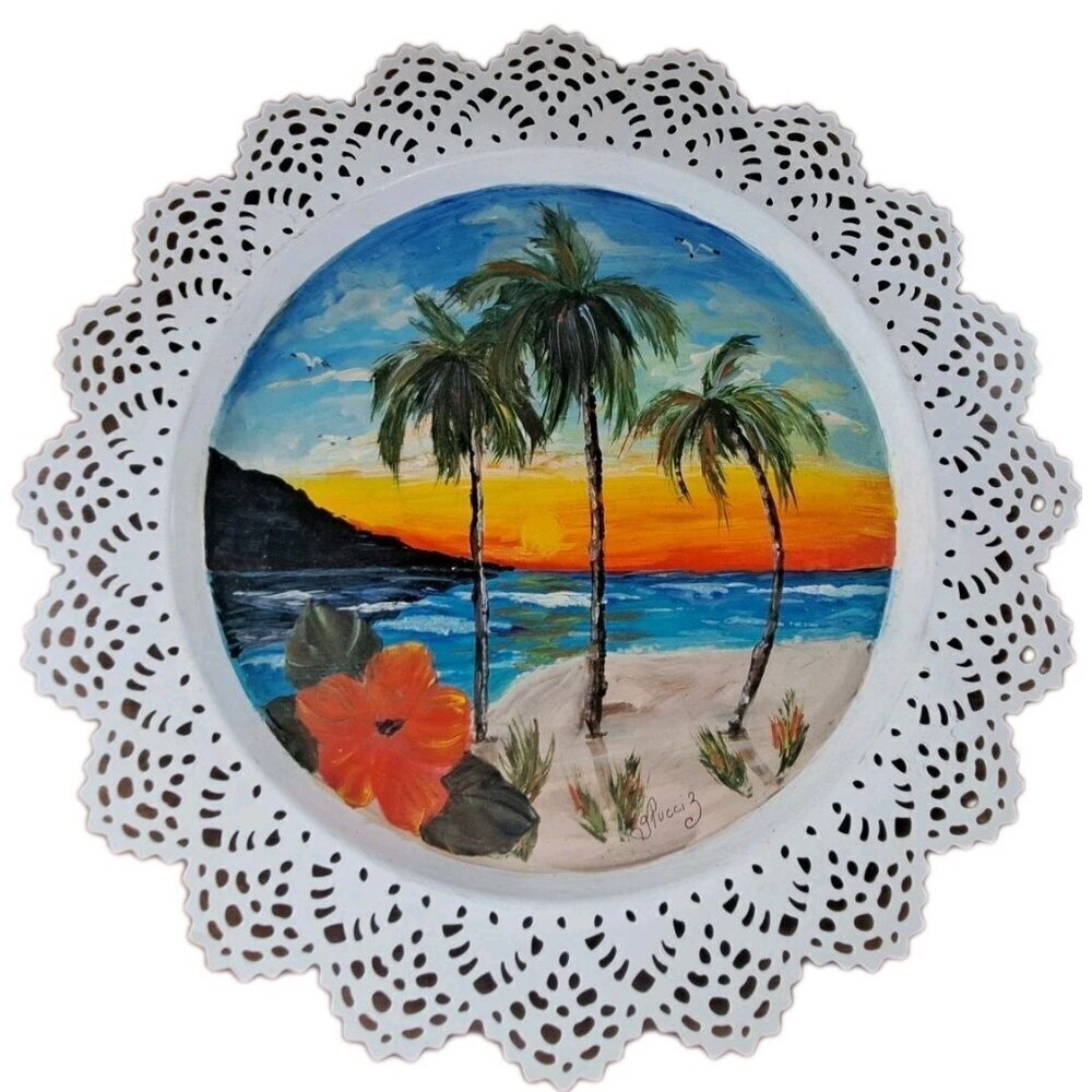 Hand Painted Filigree Edged Tray Multicolor Signed
